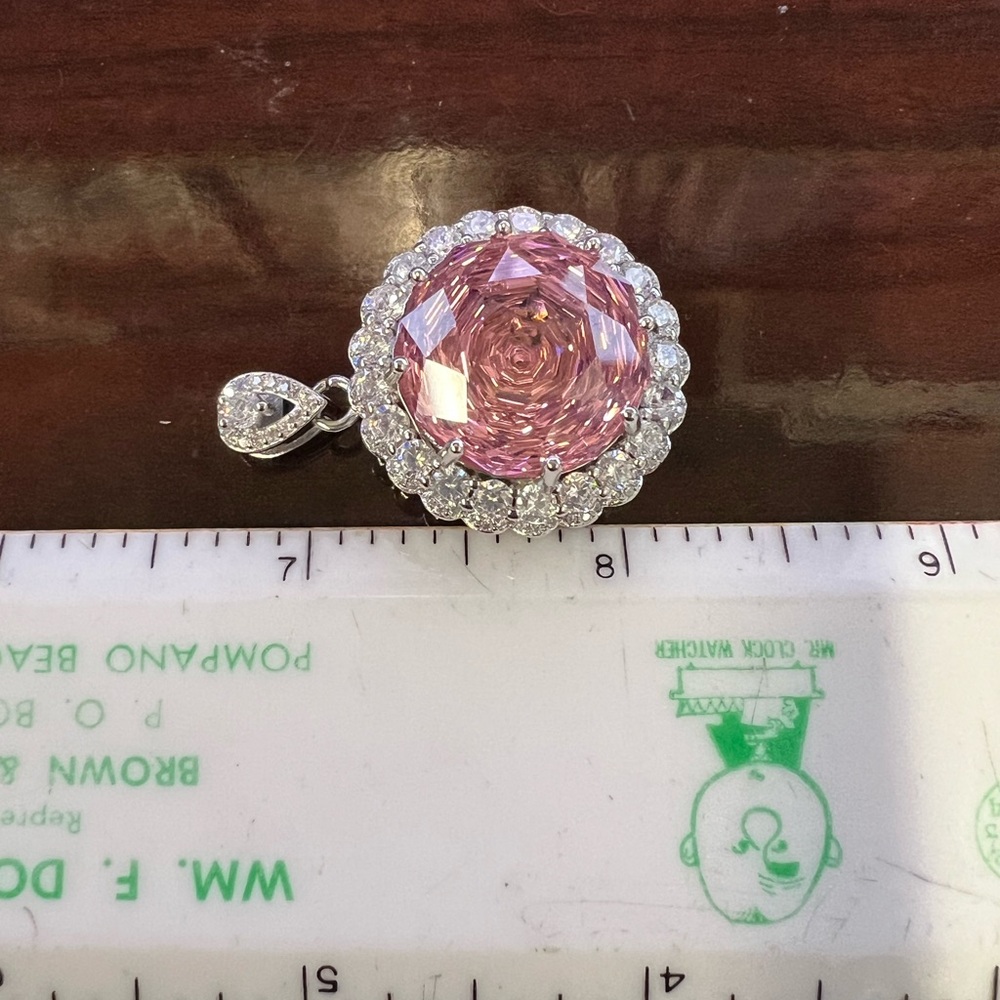 GORGEOUS Giant Pink Rose-Cut CZ & Moissanite Halo-Style Pendant 17 ctw 20” - Picture 9 of 13